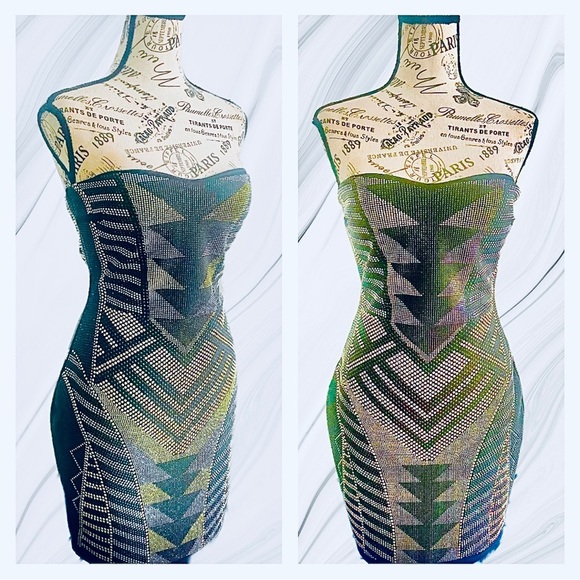 VA VA VOOM Gold Silver Blue Green Metal Beaded Dress M - Picture 9 of 10